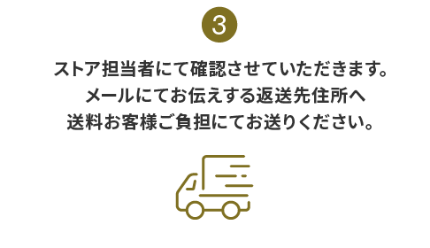 3:ストア担当者にて確認させていただきます。メールにてお伝えする返送先住所へ送料お客様ご負担にてお送りください。