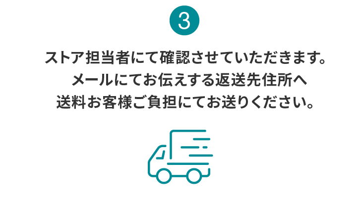 3:ストア担当者にて確認させていただきます。メールにてお伝えする返送先住所へ送料お客様ご負担にてお送りください。