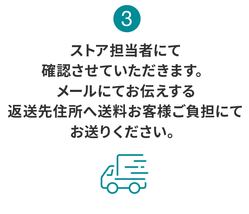 3:ストア担当者にて確認させていただきます。メールにてお伝えする返送先住所へ送料お客様ご負担にてお送りください。